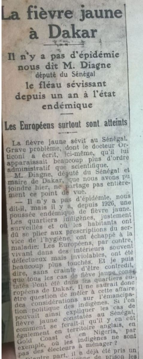 Newspaper article with headline "La fièvre jaune à Dakar - Il n’y a pas d’épidémie," explanation in annotation folder..