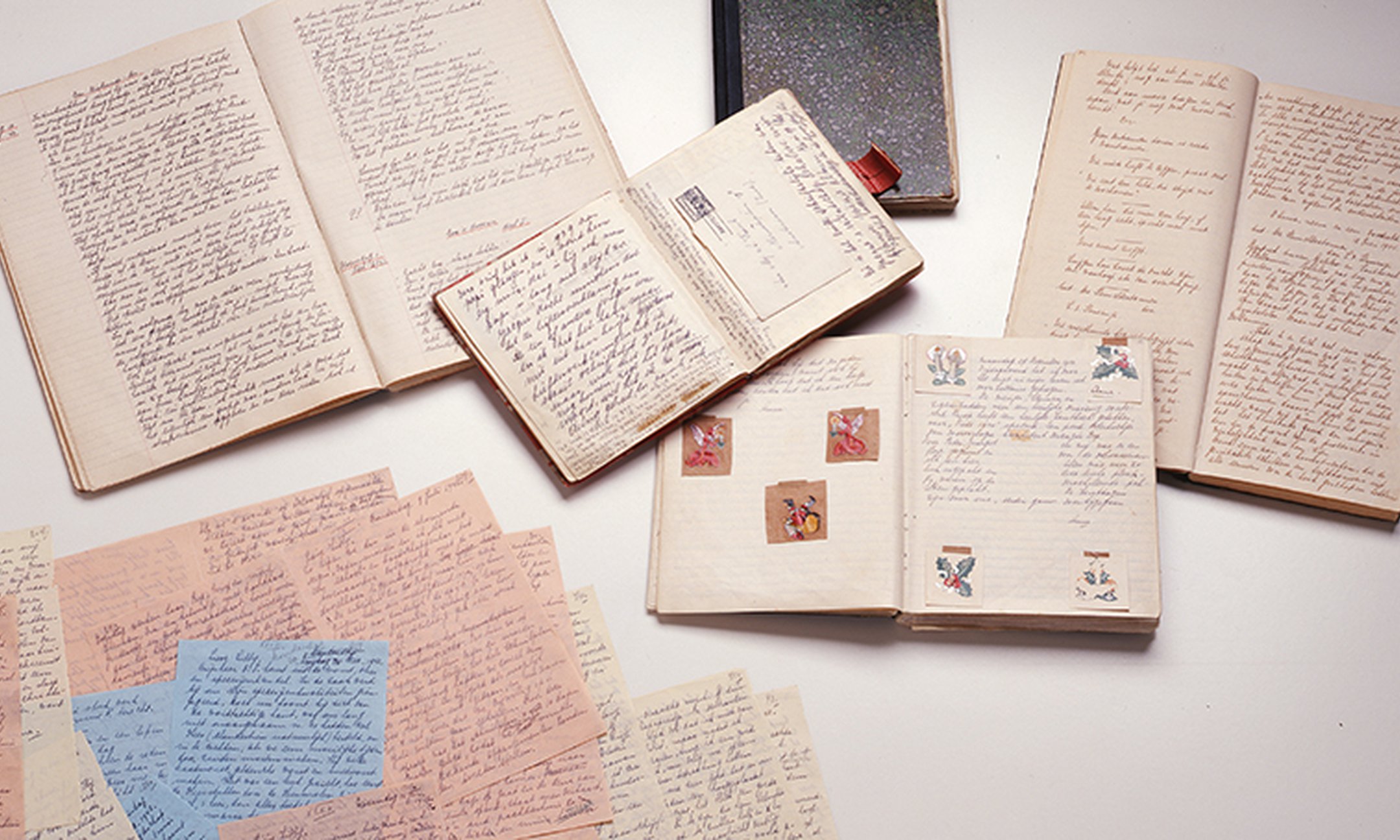 Original manuscripts by Anne Frank, with the diary, the loose sheets and the exercise books with short stories and beautiful sentences.