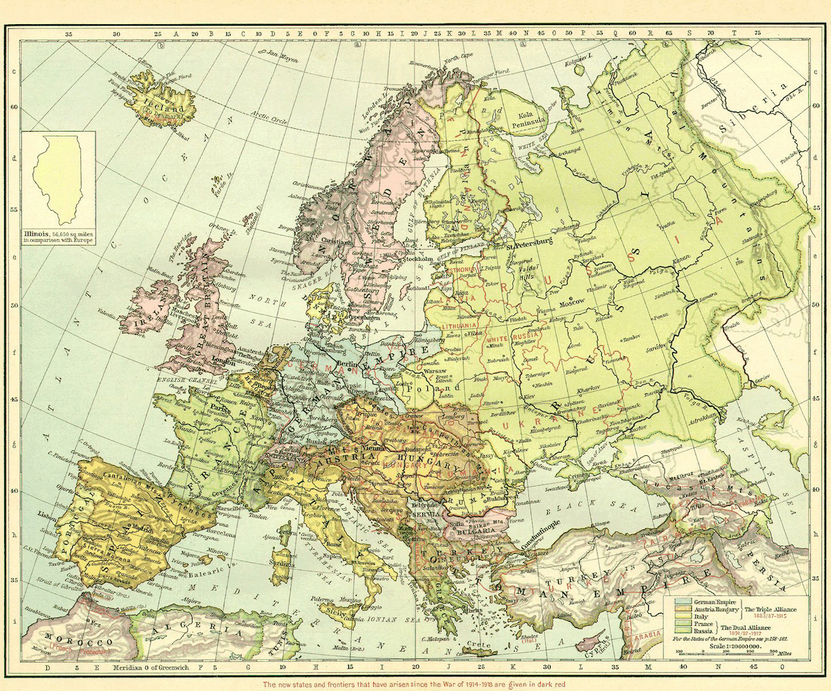 Map of Europe immediately after WWI. Pre-WWI borders are kept in color, while new states that emerged after WWI are presented in with red borders (see bottom of image).