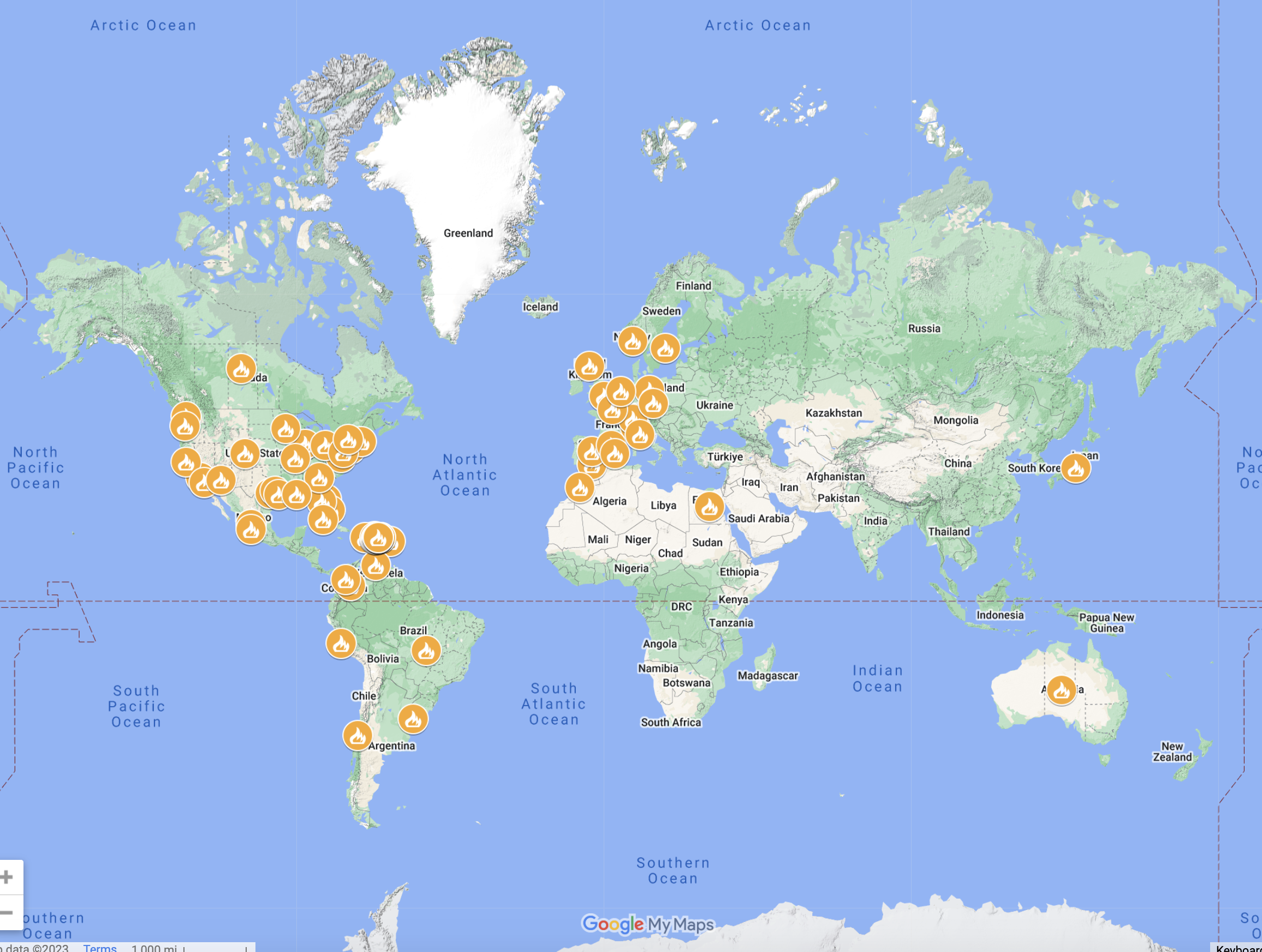 A world map with orange markers placed at the site of protests from social media. 