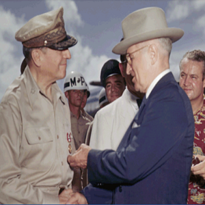 President Harry Truman speaking to General George MacArthur after WWII