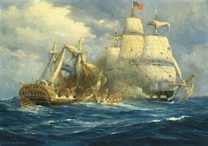 Oil canvas depiction of the USS Constitution engaged in at sea combat with the HMS Guerriere. The USS Constitution's white sails have impact holes while the HMS Guerriere has heavy damage to the mast and sails.