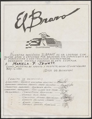 Black and white image of the front page of El Bravo newspaper. It includes a logo that combines the US and Cuban flags. It also features a list of names.