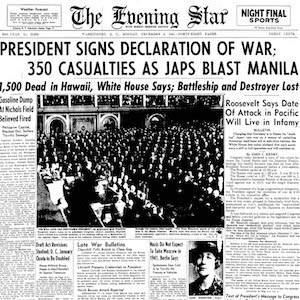 Washington, D.C. Newspaper reporting on December 8, 1941 the events of Pearl Harbor 