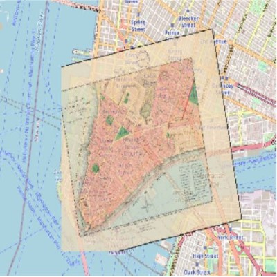 Example from MapWarper showing a New York map overlaid on a GoogleMap of Manhattan