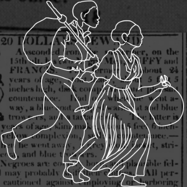 Outline of a man and woman running away, set against a background of advertisements.