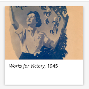 Vintage illustration of a woman plucking fruit, with the words Works for Victory, 1945 below in italicised font