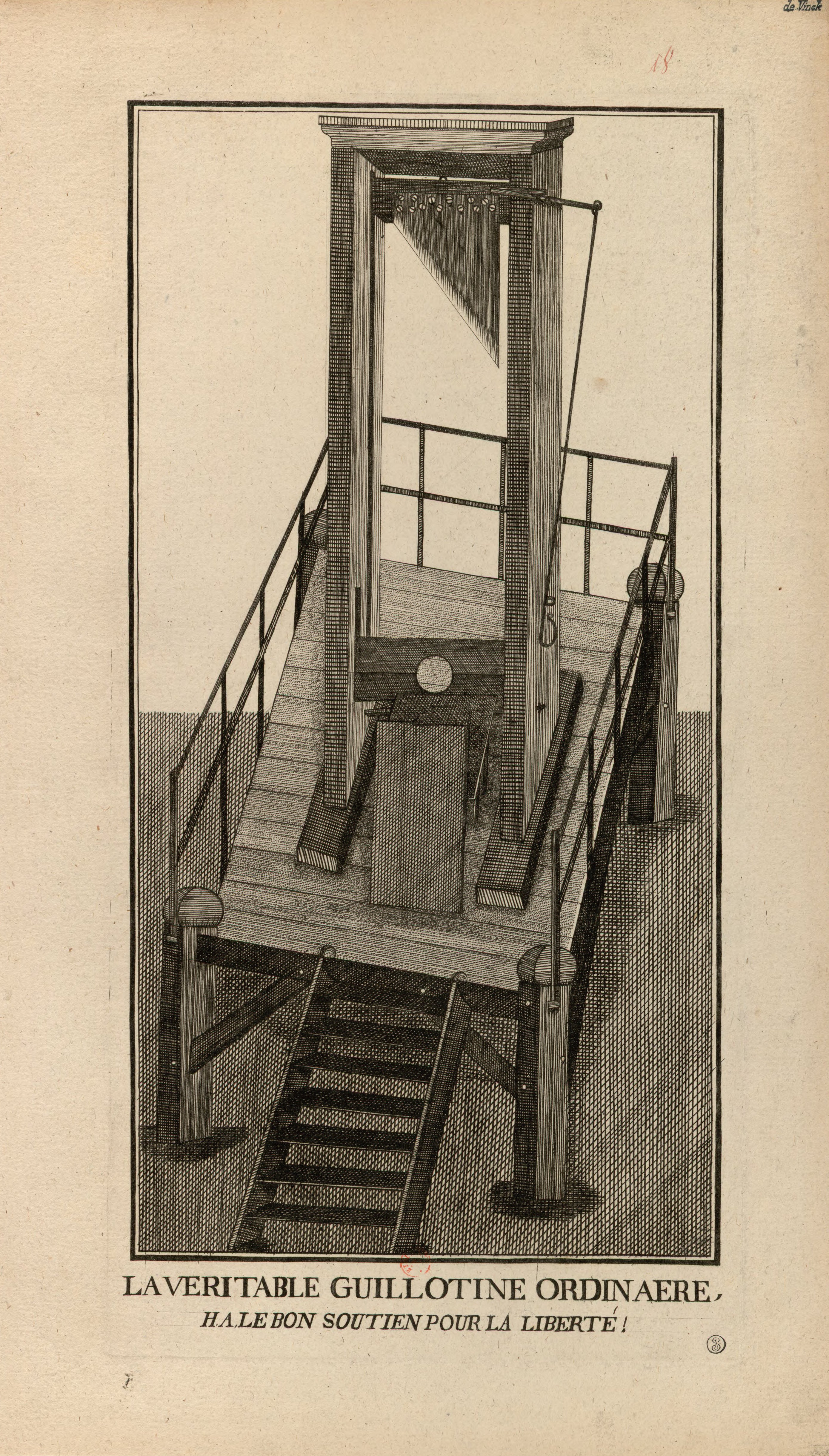 Engraving of image of a guillotine on wooden platform
