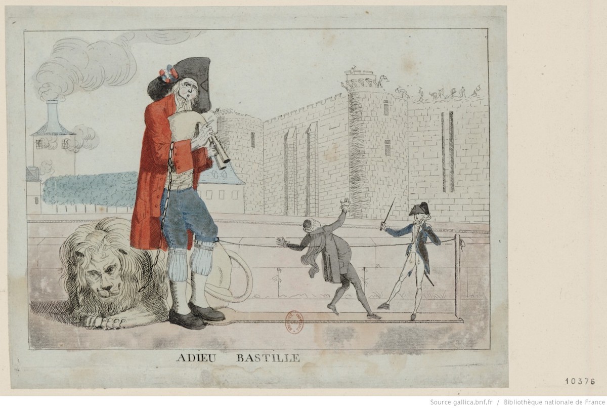 Engraving of man in foreground wearing French colors and observing two others in combat