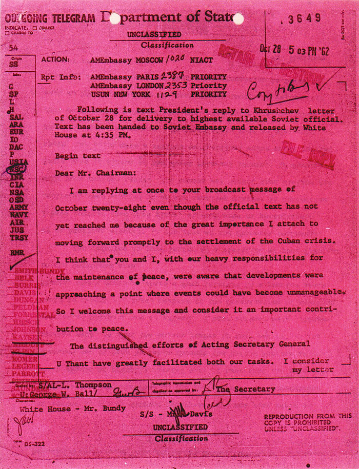 A pink telegram detailing Kennedy's response to Moscow, 1962