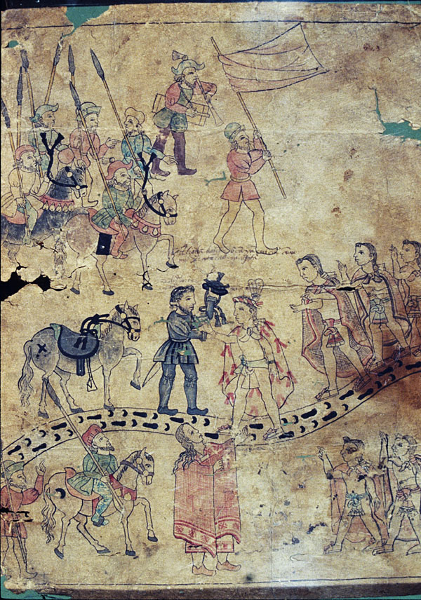 “Cortés Greets Xicotencatl.” Mid-16th century. Detail from Lienzo de Tlaxcala. 