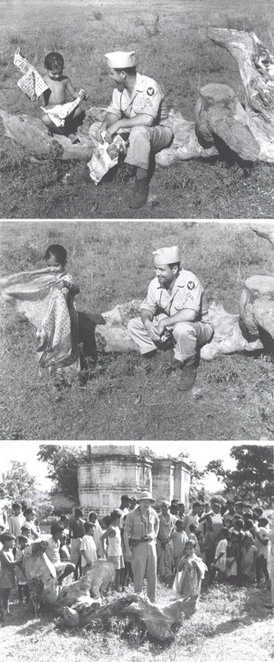 Set of three images of WWII soldiers interacting with children