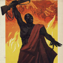 Thumbnail of a propaganda poster that features a black man dressed in robes holding up a gun against a backdrop of flames